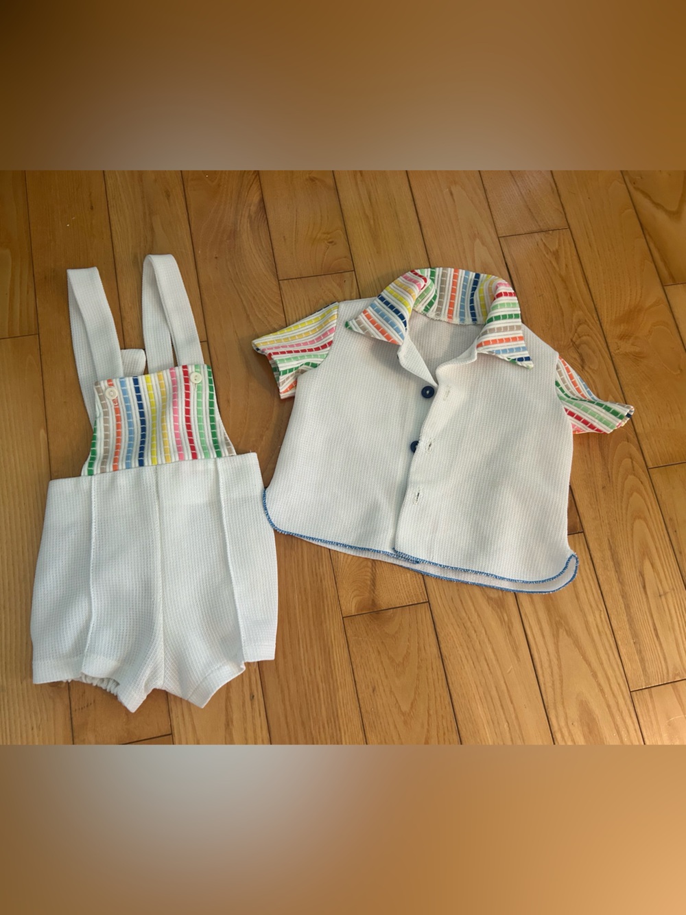 Child's White Knit Suspender Shorts with Multicolor Stripe Trim